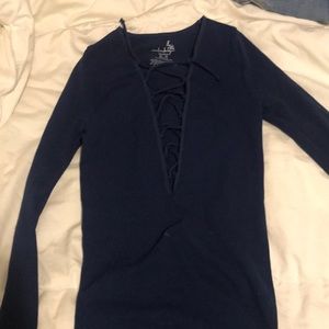 Blue stretchy lace up top from free people